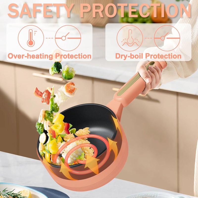 TopWit Hot Pot Electric, 𝟐𝐋 Electric Pot, Portable Non-Stick Portable Cooker, Sauté Pan for Steak, Egg, Fried Rice, Ramen, Soup with Dual Power Control (Silicone Spatula Included), Peach - Image 5
